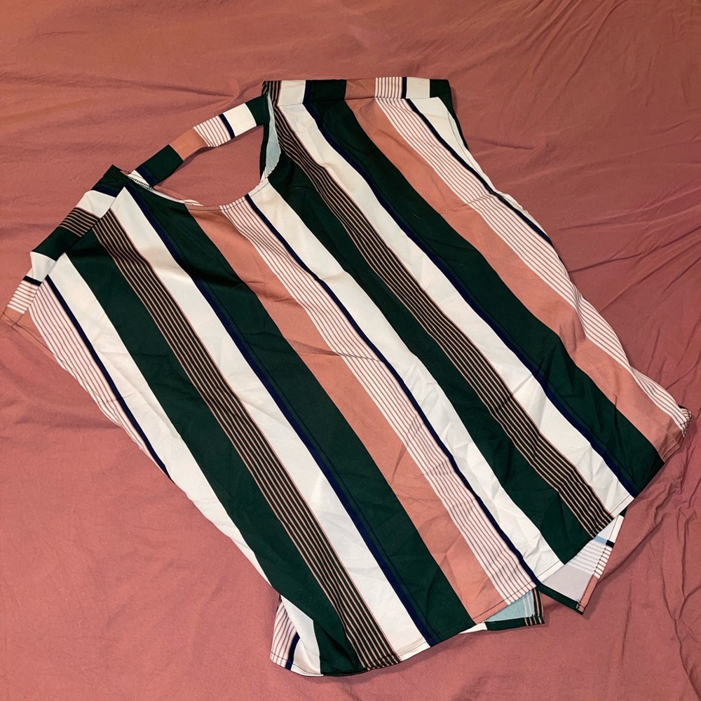 Green and mauve striped blouse